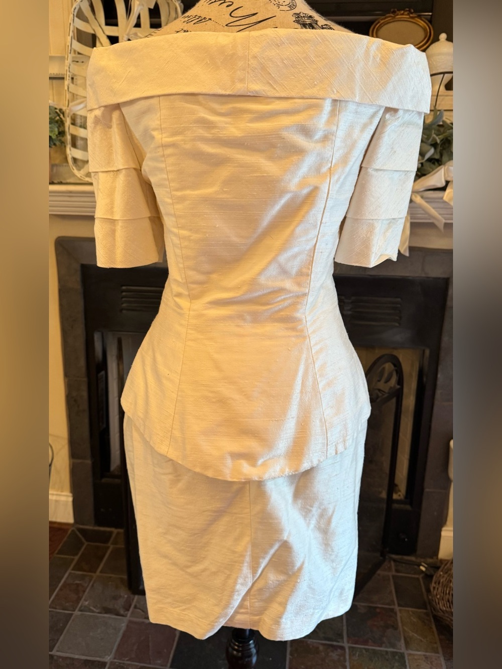 Vtg 90s Watters & Watters Silk Peplum Skirt Suit Cream Ivory Bridal Off Shoulder - Picture 10 of 15